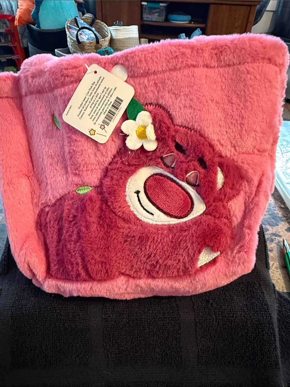Disney Pink Plush Kids Tote Bag with Flower Bear Applique